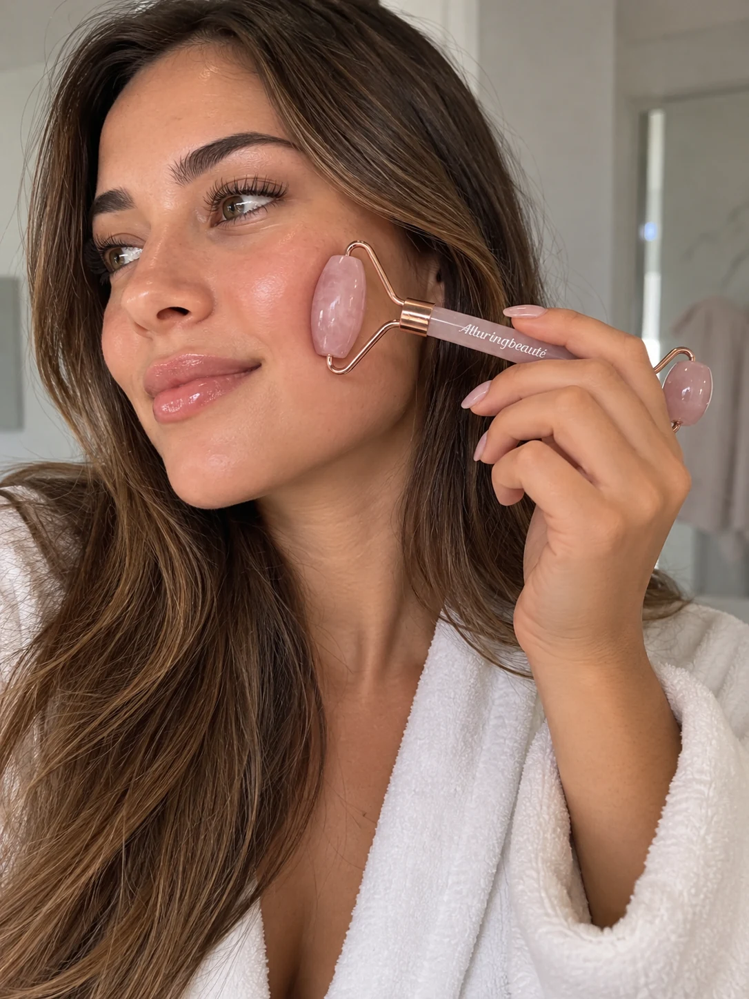 Woman using the Alluring Beauté rose quartz face roller on her cheek